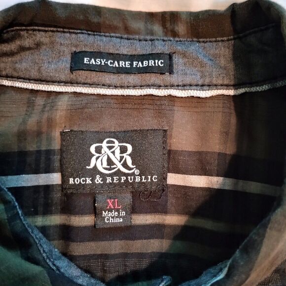 Men's Rock & Republic XL L/S Button Up Green Plaid Roll Tab Sleeve Easy Care - Picture 4 of 9